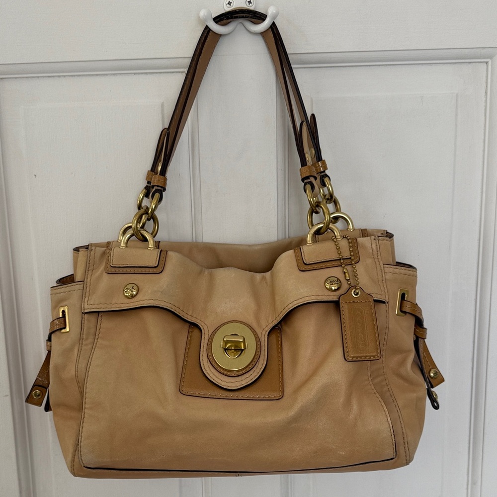 Coach Vintage Tan Leather Satchel with Gold Accents and Polka Dot Lining